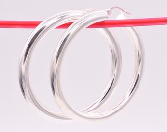 2&quot; 5mm X 50mm Plain Bold Thick Round Hoop Earrings Real Sterling Silver 925