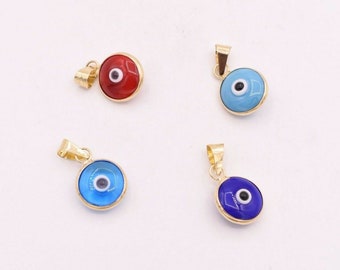 Round Light & Dark Blue Coral Evil Eye Luck Charm Pendant Real 14K Yellow Gold