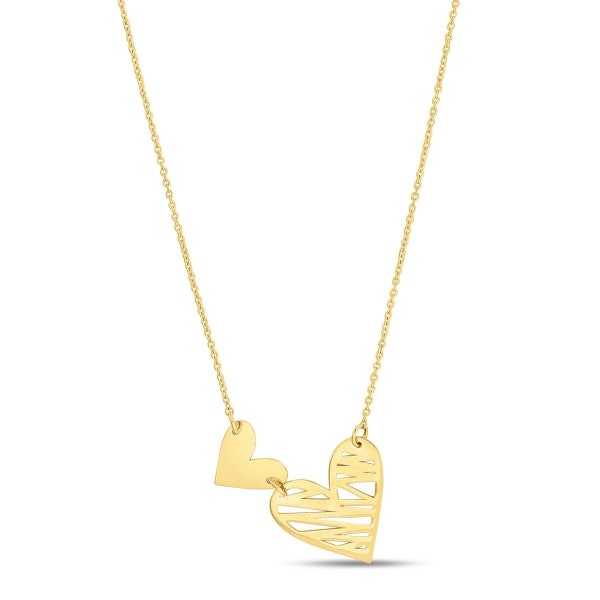 Solid & Scribble Hearts Pendant Necklace Real 14K Yellow Gold