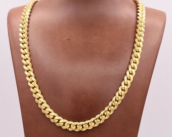 Collar de cadena cubana Miami de 9 mm con cierre de caja de plata revestida en oro amarillo macizo 925 de Italia