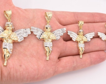 Praying Angel Charm Pendant Diamond Cut Real 10K Yellow White Two-Tone Gold