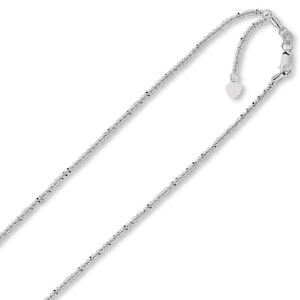 Cadena de eslabones trenzados ajustable con brillantes, de 1,5 mm, de oro blanco real de 14 quilates, hasta 22"