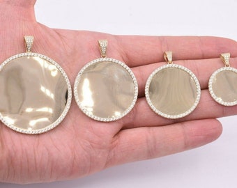 Round Medallion Picture Frame Memory CZ Charm Pendant Real SOLID 14K Yellow Gold