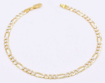 4mm Two-Tone Figaro Pave Link Chain Anklet 14K Yellow Gold Clad Silver 925