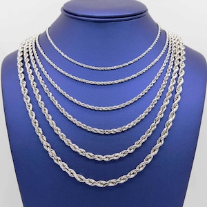 Collar de cadena de cuerda de oro blanco de 10 quilates con hueco real en todos los tamaños
