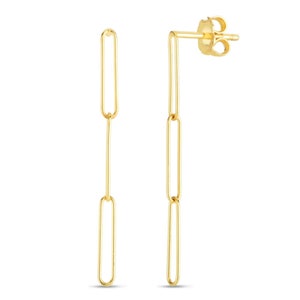 Drop Paperclip Earrings with Push Back Real 14K Yellow Gold