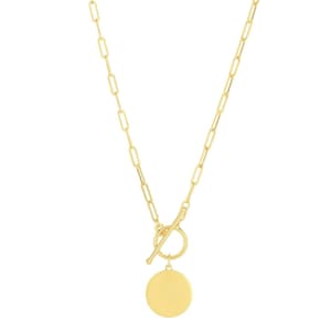 2.5mm Paperclip Chain Engravable Disc Toggle Necklace Real 14K Yellow Gold 18&quot;