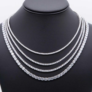 Round-Cut CZ Tennis Chain Necklace Sterling Silver 925 All Sizes