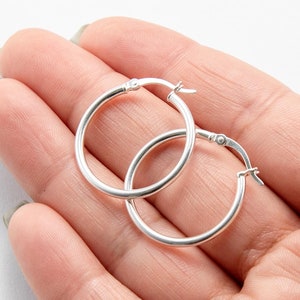2mm X 25mm 1&quot; Plain Polished Round Hoop Earrings Real 925 Sterling Silver