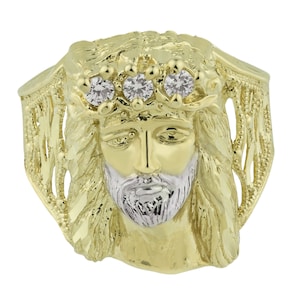 Jesus Head Textured Two-Tone CZ Ring Solid 10K Yellow White Gold