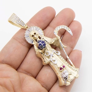 3" CZ Halo Santa Muerte Angel of Death Pendant Solid Real 10K Yellow White Gold
