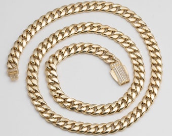 Cadena de eslabones cubanos de Miami de 7 mm con cierre de caja de circonita cúbica, oro amarillo real de 14 quilates, todos los tamaños