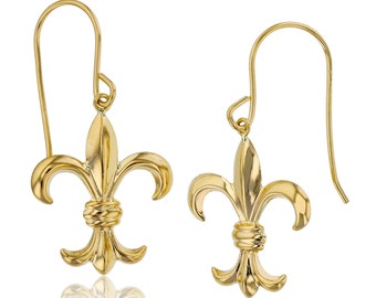 Italian High Polished Fleur De Lis Dangle Earrings Real 14K Yellow Gold