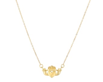 Shiny Claddagh Heart Love Necklace Real 14K Yellow Gold