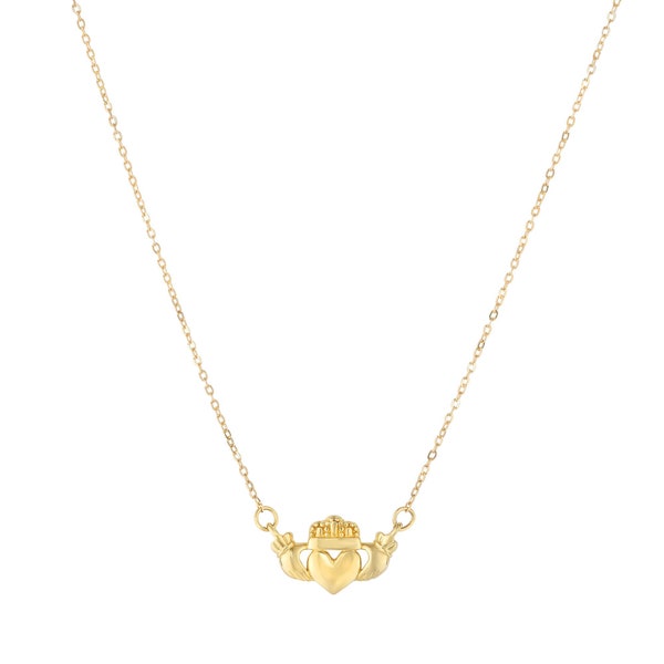 Shiny Claddagh Heart Love Necklace Real 14K Yellow Gold