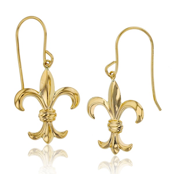 Italian High Polished Fleur De Lis Dangle Earrings Real 14K Yellow Gold