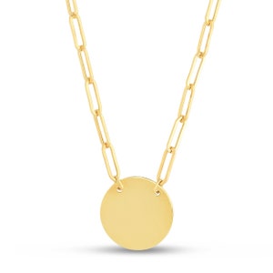 Shiny Disc Charm with Paperclip Chain Necklace Real 14K Yellow Gold 18&quot;