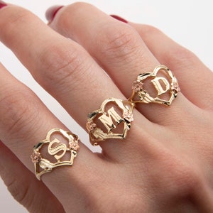 Cutout Heart Flower Initial Letter Ring 10K Yellow Rose Gold