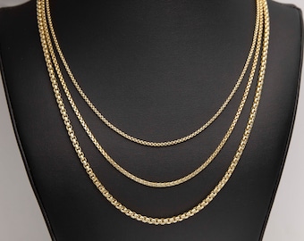 Collar de cadena de eslabones de caja redonda en oro amarillo auténtico de 14 quilates en todos los tamaños