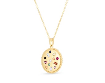 Multicolored Gemstone Disc Pendant Necklace Real 14K Yellow Gold