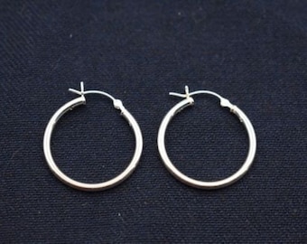 2mm X 25mm 1" Plain Polished Round Hoop Earrings Real 925 Sterling Silver