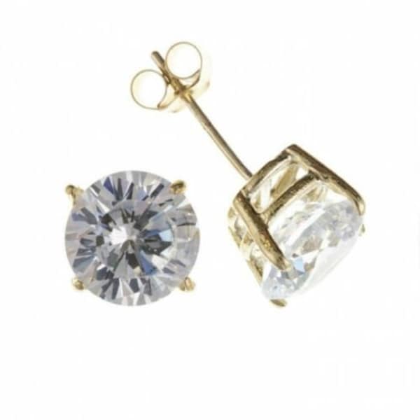 Diamonique CZ Solitaire Round Stud Earrings 14K Yellow Gold Clad Silver All Size