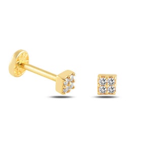 Square CZ Minimalist Tragus Ear Piercing Stud Real 14k Solid Gold