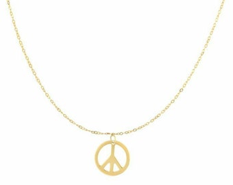 17" Polished Peace Sign Necklace Real 14K Yellow Gold 0.8gr