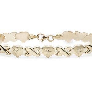 7.25&quot; Diamond Cut Hearts and Kisses Stampato Bracelet Real 10K All Yellow Gold