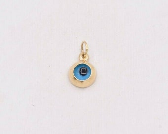 Petit pendentif rond à breloques mauvais œil bleu océan véritable or jaune 14 carats
