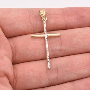 1 3/4&quot; Thin Diamond Cut Cross Reversible Pendant Real 10K Yellow White Gold