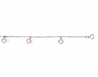 14k White Gold .75 mm Diamond-Cut Cable Heart 10 Anklet for Women