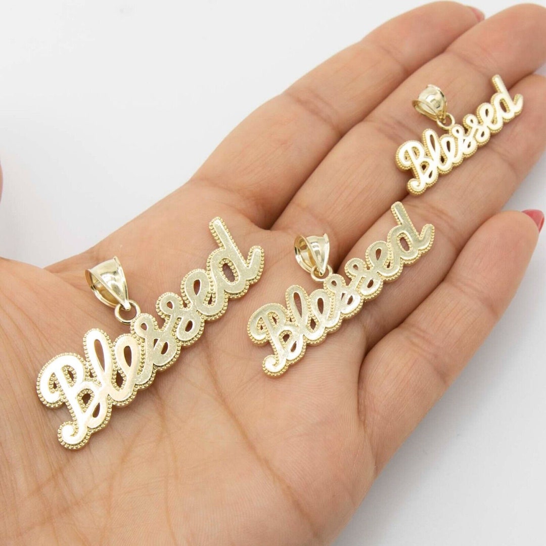 Blessed Script Bead Frame Pendant Real Solid 10K Yellow Gold - All ...