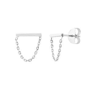 Small Bar and Drape Chain Stud Earring Real 14K White Gold