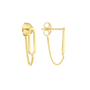3/4" Front To Back Paperclip & Curb Earrings Real 14K Yellow Gold