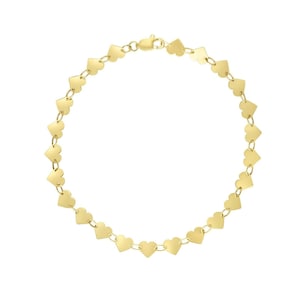 Pulseira de elos de corrente espelhados em forma de coração, ouro amarelo 14K genuíno, 7"