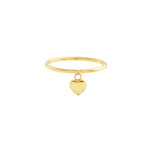 May include: A polished gold ring featuring a thin, smooth band and a single, small heart-shaped charm that hangs from a tiny circular link. The metal has a bright, reflective finish, and the design is simple, consisting of the band and the charm.