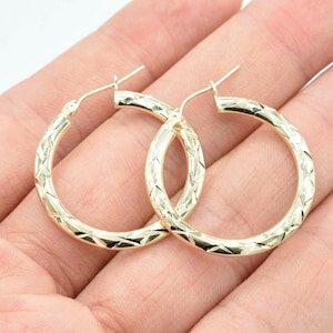 1 1/4&quot; Diamond Cut Hoop Earrings Real 10K Yellow Gold