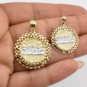 Railroad Bordered Textured Last Supper Pendant Real Solid 10K Yellow White Gold