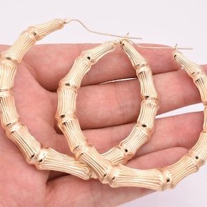 3&quot; 75mm Large Graduated Diamond Cut Bamboo Hoop Earrings Real 10K Yellow Gold