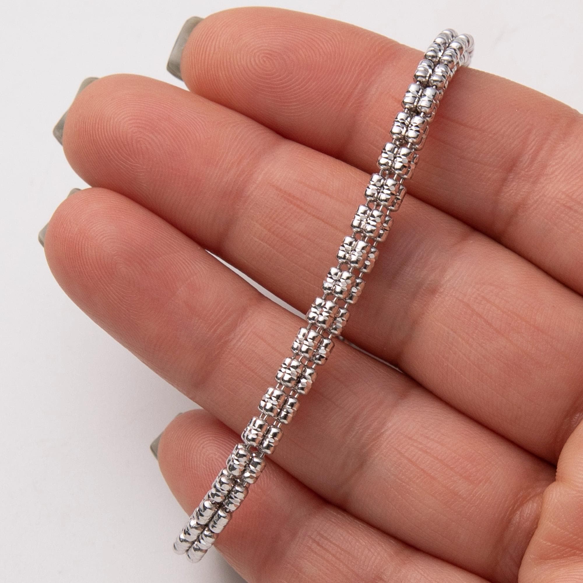 4mm Rhodium Diamond-Cut Ice Link Chain Bracelet Sterling Silver 925 All Sizes