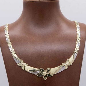 Graduated Hugs and Kisses Flower Stampato Necklace Real 10K Yellow White Gold