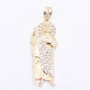 Saint Lazarus with Halo CZ Textured Pendant Real 10K Yellow White Gold ALL SIZES