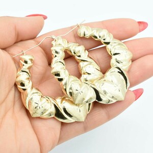 2 1/4&quot; Diamond Cut Graduated Heart Hoop Earrings Real 10K Satin Yellow Gold