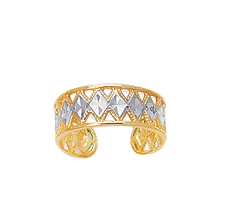 Diamond Cut Two-Tone Pattern Filigree Toe Ring Real 14K Yellow Gold