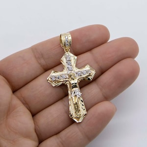 2&quot; CZ Diamond-Cut Jesus Crucifix Cross Pendant Real 10K Yellow White Gold