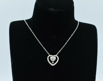 CZ Open Heart Key Lock Charm Necklace Sterling Silver 925