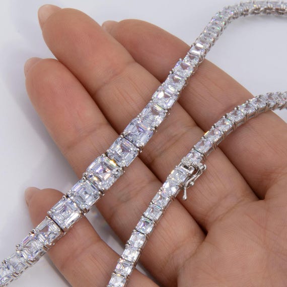 Graduated CZ Princess-cut Tennis Chain Necklace Sterling