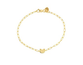 Cat Head Kids Baby Paperclip Chain Bracelet Disk Heart Real 14K Yellow Gold
