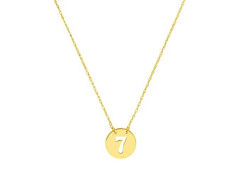 Mini Disk Number 7 Adjustable Rope Chain Necklace Real 14K Yellow Gold Up to 18"